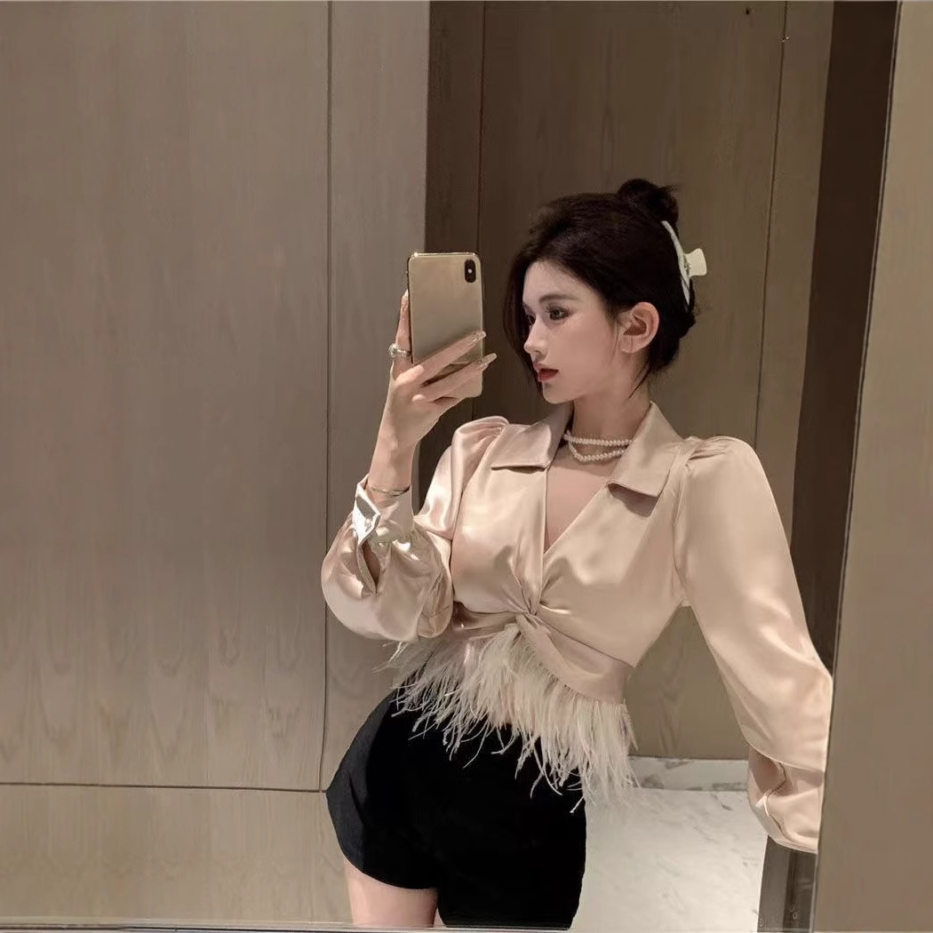 (2개) 새틴 셔츠 여성 디자인 센스 틈새 깃털 술 셔츠 가을 프랑스 V 넥 사교계 우아한 긴팔 탑