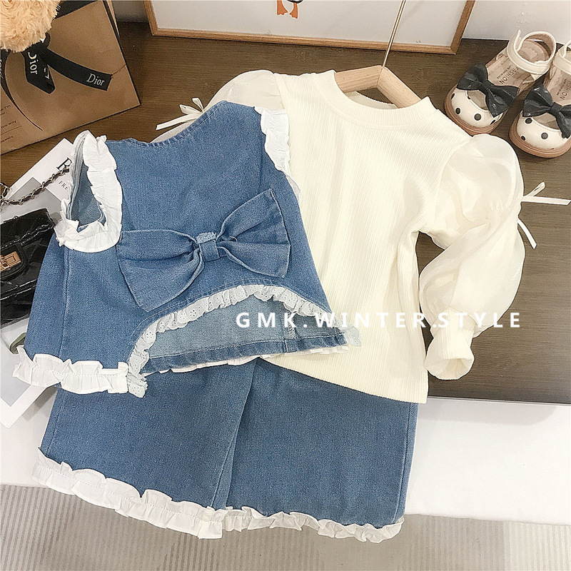 女童春秋季新款洋气花边牛仔套装女宝宝可爱潮流时尚三件套潮外贸|undefined