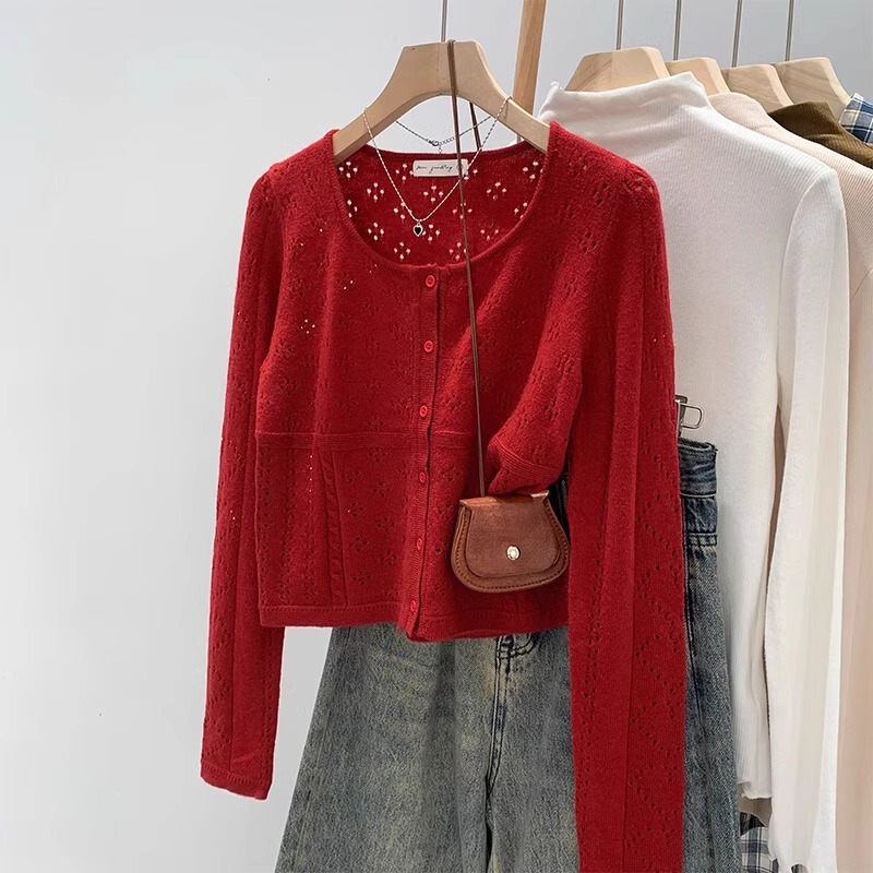 Ancora Red Vintage Hollow Western Style Knitted Cardigan Women's Early Spring Sling Lazy Style Short Top Coat