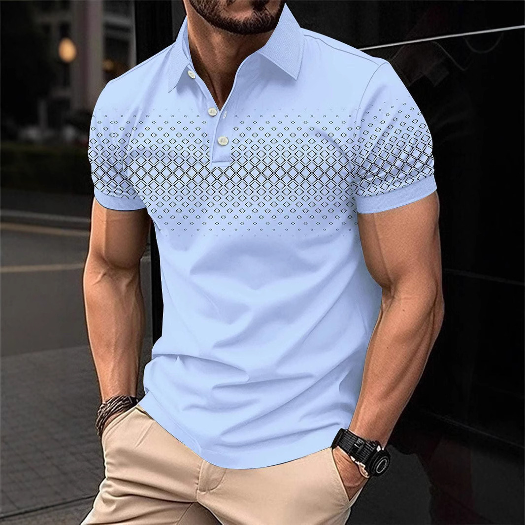 Cross-border European and American New Men's Simple Casual Polo Shirt Youth Summer Button Plaid Printed Polo Shirt for Men