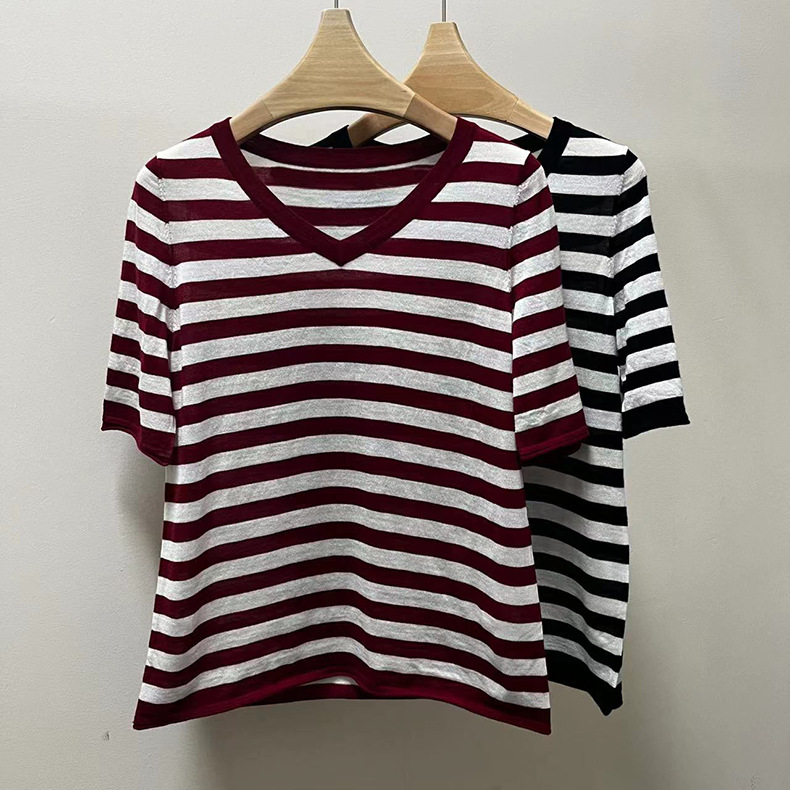 M's classic striped wool V-neck short-sleeved women's simple