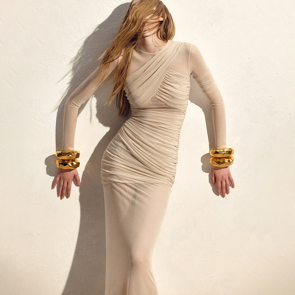 2025 European and American Style Cross-Border Fashion Sexy Mesh See-Through Long Skirt New Long-Sleeved Sexy Pleated Slim Dress