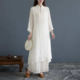 实拍 中式女装连衣裙棉麻中长款文艺瑜伽服茶服禅舞服太极服2件套