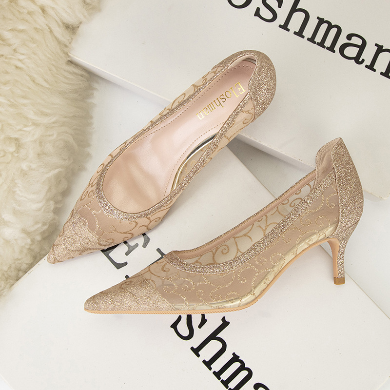 869-26 Sexy Party Women's Shoes Thin Heel High Heel Shallow Mouth Pointed Mesh Hollow Lace Women's Single Shoes