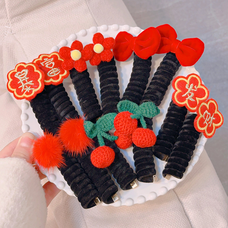 Felpa Año Nuevo accesorios para el cabello para niños línea telefónica rica banda para el cabello cuerda para el cabello Velvet Cherry Bow banda de goma banda para el cabello