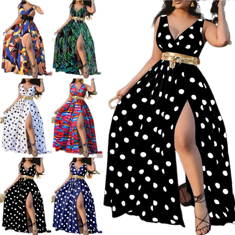 Amazon Europe Station Printed Waist Mid-Waist Elegant Commuter Dress Sexy Split dress with Belt