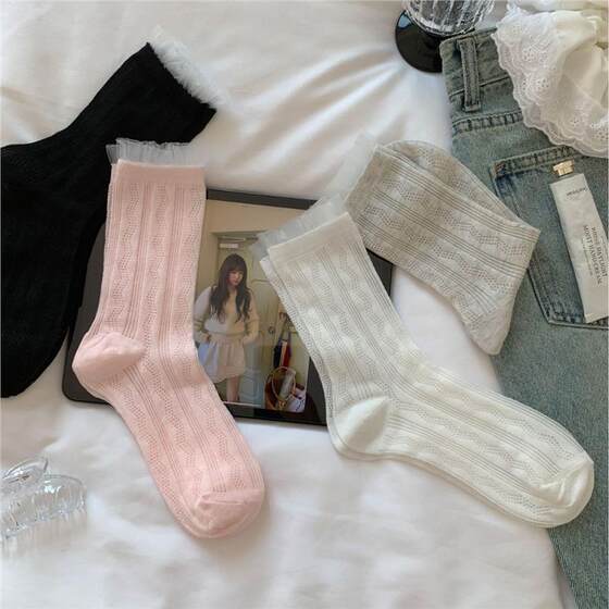 Socks for Women Spring Summer Autumn Hollow European Soft and Comfortable Twist Simple Earth Color Korean Style Mid-tube Socks Fashion College