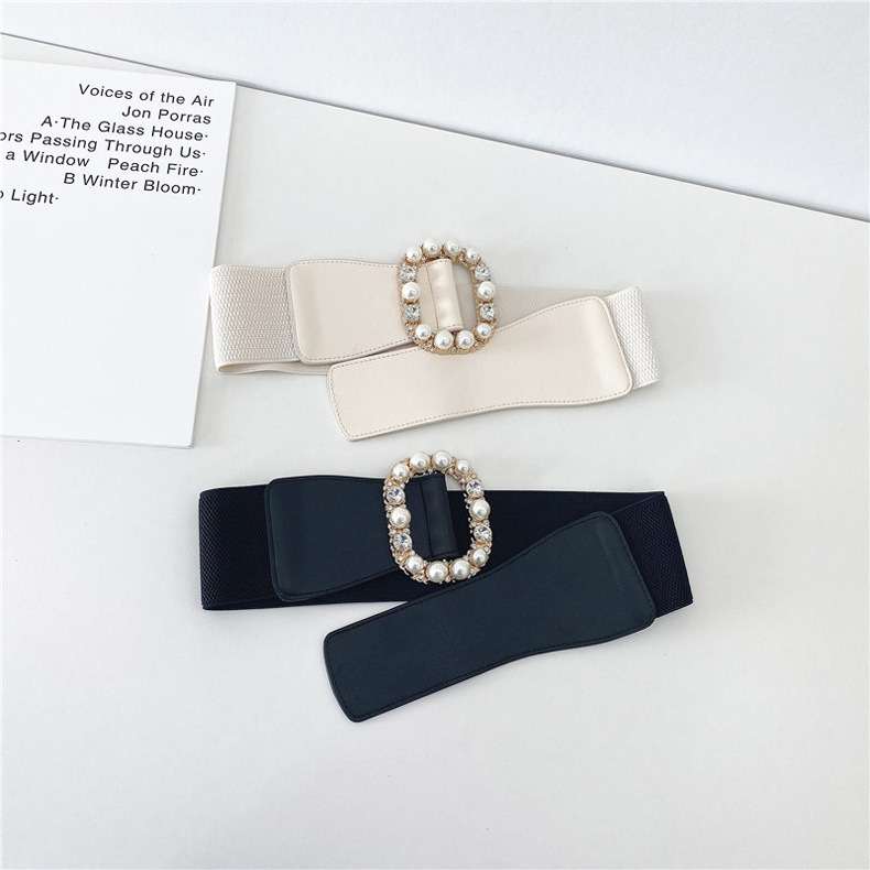 Alloy Material Oval Pattern Pearl Diamond Oval Buckle Decorative Coat Girdle Elastic Wide Belt Wholesale