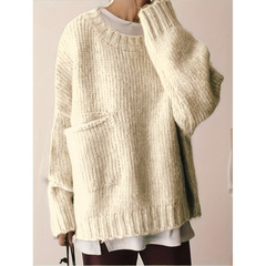 Plus Size Solid Pocket Crew Neck Sweater Casual Long Sle跨境