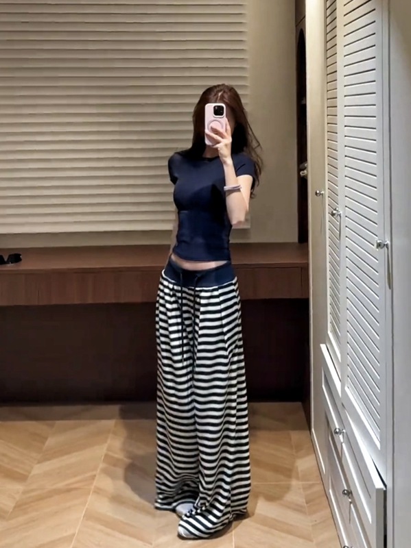 藏青条纹阔腿裤女2025秋季新款高腰垂感宽松显瘦百搭休闲拖地长裤|undefined