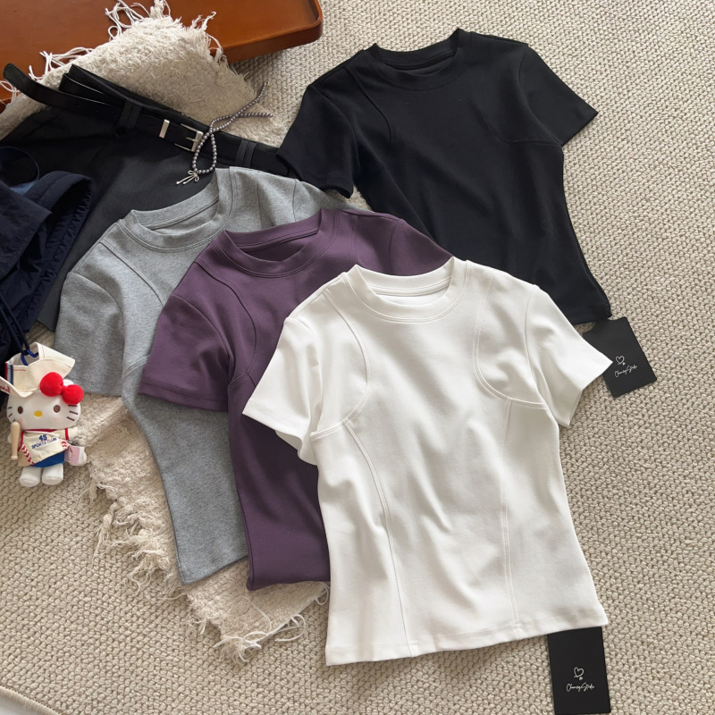 Purple Short-Sleeve Top for Women with Fishbone Lines, Heavy-Duty Design, Regular Shoulder Fit, Cotton T-Shirt, Casual Versatile Slim-Fit Base Shirt Purple Short-Sleeve Top for Women with Fishbone Lines, Heavy-Duty Design, Regular Shoulder Fit, Cotton T-Shirt, Casual Versatile Slim-Fit Base Shirt