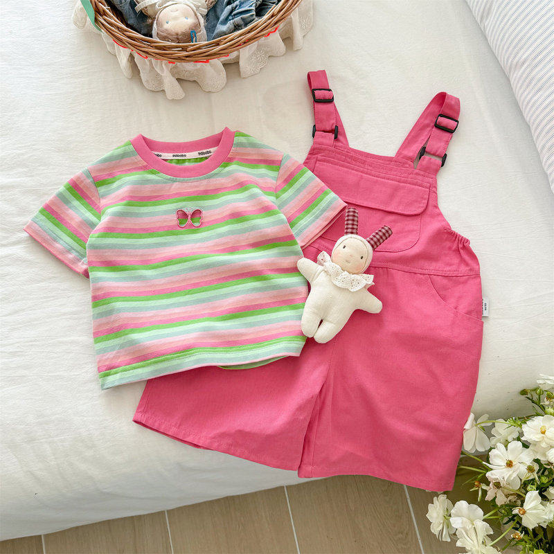 Girls' Korean-Style Rainbow Overalls Set, Summer Short-Sleeve Children's Clothing, 2026 New Fashion Two-Piece Set for Little Girls Girls' Korean-Style Rainbow Overalls Set, Summer Short-Sleeve Children's Clothing, 2026 New Fashion Two-Piece Set for Little Girls