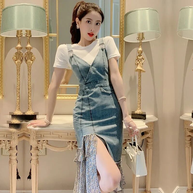 轻奢设计感牛仔背带裙两件套夏季开叉裙子高级气质修身吊带连衣裙
