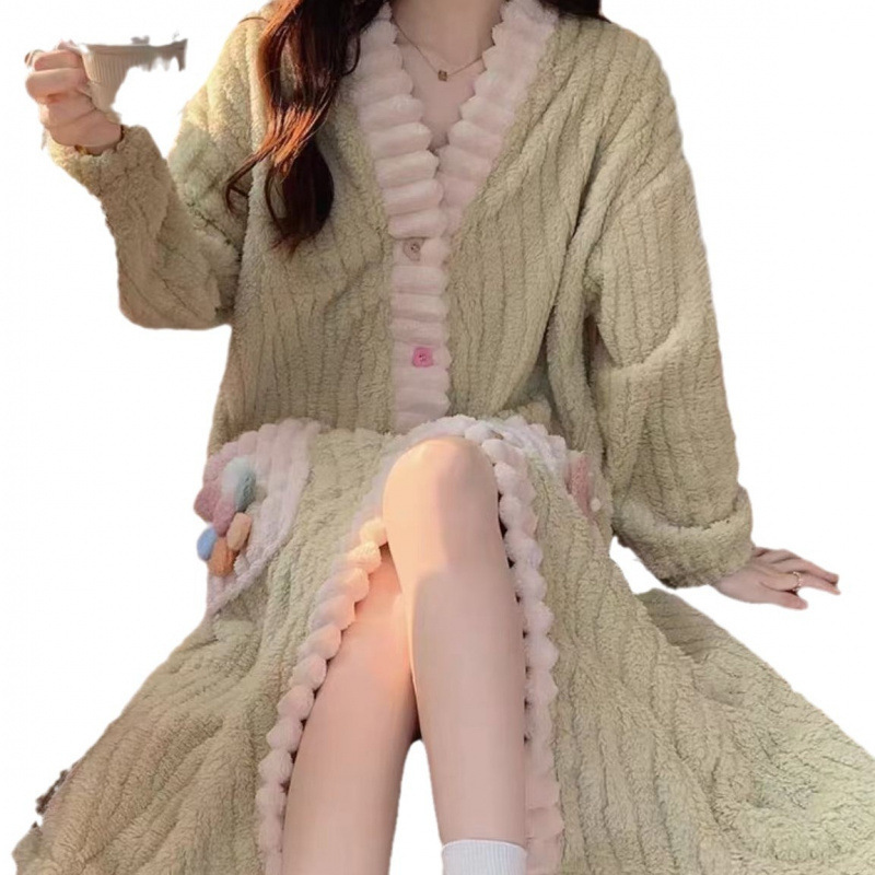 冬季珊瑚绒睡衣套装女秋冬加厚保暖开衫睡袍可外穿彩虹甜美家居服|undefined