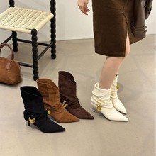 法式尖头瘦瘦靴子女秋冬新品弹力皮带扣短靴显瘦方跟骑士靴女靴