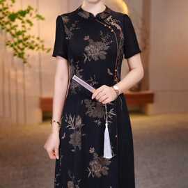 黑色国风中式长款改良旗袍2026新款女老上海复古短袖妈妈日常夏季