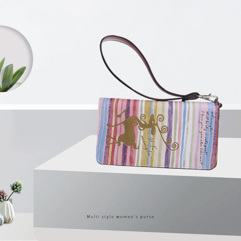 外贸新款韩版女士手拿钱包pu彩虹条纹个性印花手机包拉链钱夹女包