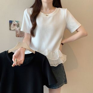 plus size Ruffle Stitching Short-sleeved T-shirt Women's 2024 Summer New Loose Flesh-Covering Slimming chubby girl Top Women's Ins