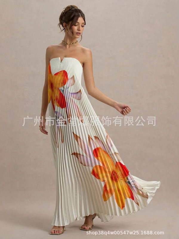 2025欧美跨境亚马逊时尚气质印花褶皱连衣裙无袖抹胸法式度假长裙|undefined