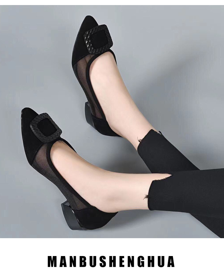 Giày lười nữ mũi nhọn da lưới thoáng khí, xỏ chân tiện lợi, gót 3 cm — Gót đen cao 3 cm chi tiết 15