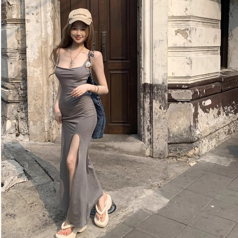 Gray Slit Suspender Dress for Women Summer Lace Splicing Backless Skirt Sexy Sexy Tight Hip-Hugging Long Skirt