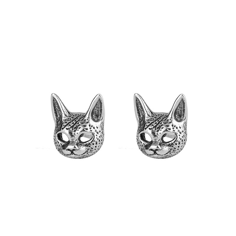 Sphynx Cat Earrings Vintage Thai Silver Dark Style For Men_voghion.com