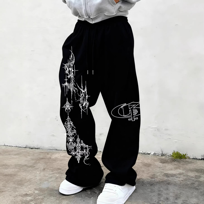 Spring and Autumn New Y2K Dark Gothic Print Loose Slimming Unisex Drawstring Sweatpants Wide-Leg Joggers