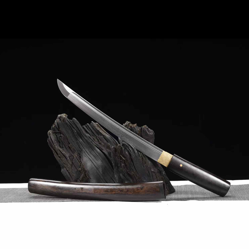 Patterned Steel Japanese Short Sword, Tanto, Iaido-Style Sword, Japanese Sword, Tanto, Ebony Wood, Samurai Blade, Self-Defense, Unsharpened Patterned Steel Japanese Short Sword, Tanto, Iaido-Style Sword, Japanese Sword, Tanto, Ebony Wood, Samurai Blade, Self-Defense, Unsharpened