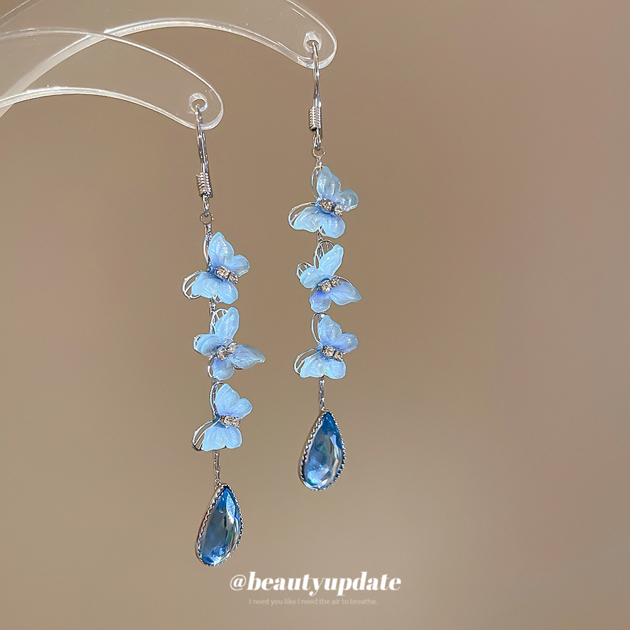 Pendientes de gota de agua con borlas de mariposa con incrustaciones de diamantes Pendientes de gancho de viento de vacaciones junto al mar de verano Pendientes de temperamento Sense de diseño nicho