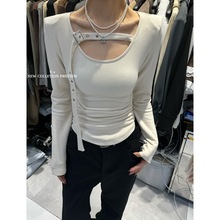 广州十三行正品冬季新款辣妹调节扣设计感百搭显瘦圆领长袖上衣女