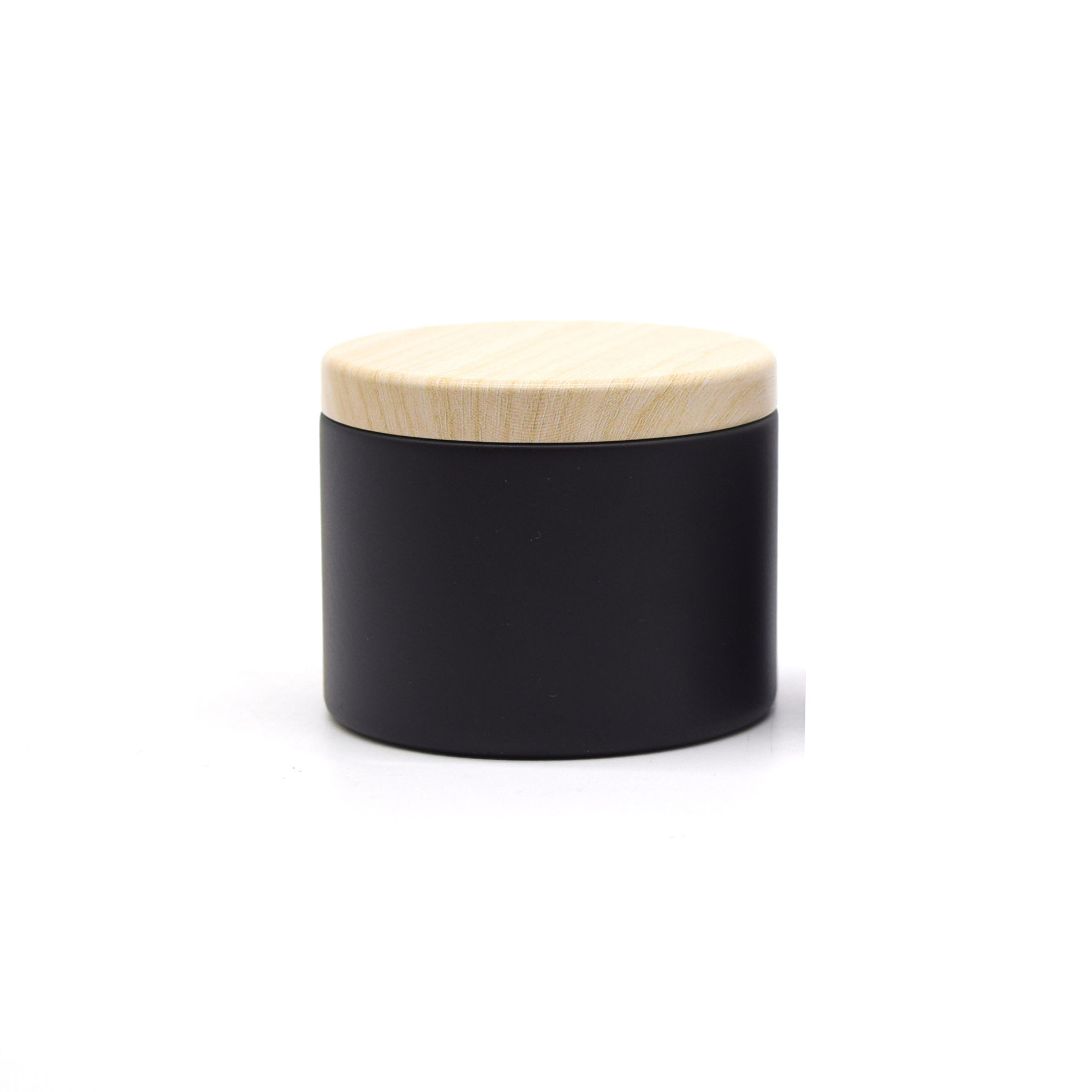 Caja redonda de hojalata negra sellada de doble cara con tapa de imitación de madera de alta gama para dulces, velas y aromaterapia, 4oz 8oz, al por mayor