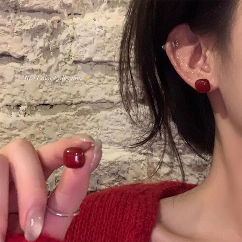 Chinese style ancore red square pearl earrings light luxury niche high-end simple geometric earrings earrings