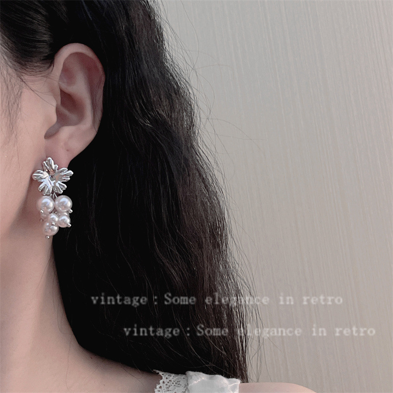 Rose-colored Grape Cluster Pearl Tassel Earrings For Women_voghion.com