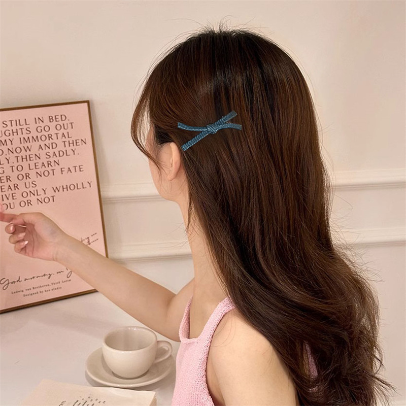 Jeans azul arco anillo de cabello de perla cabeza cuerda de cabello de cola de caballo chica detrás de la cabeza accesorios para el cabello de banda de goma