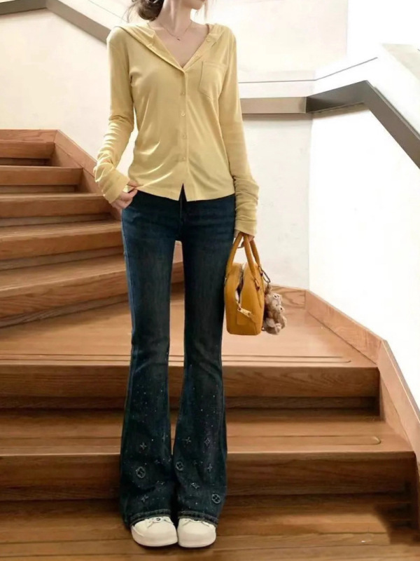驴家老花重工烫钻牛仔裤女春秋新款设计感高腰显瘦宽松阔腿微喇裤|undefined