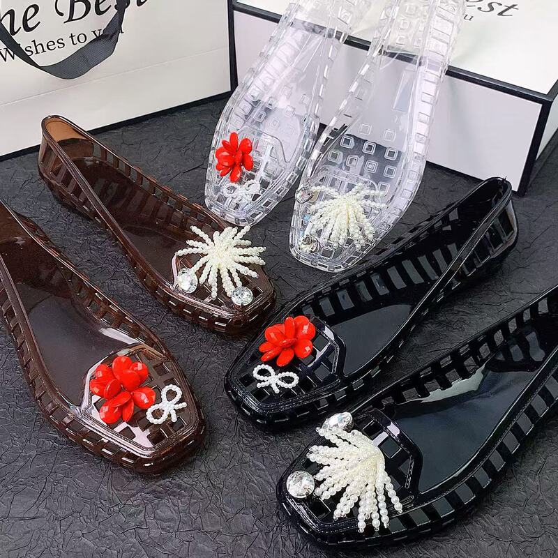 Jelly Shoes Summer Cross-Border New Big Red Flower Pearl Flower Set Accessories Crystal Transparent Square Toe Clogs Sandals