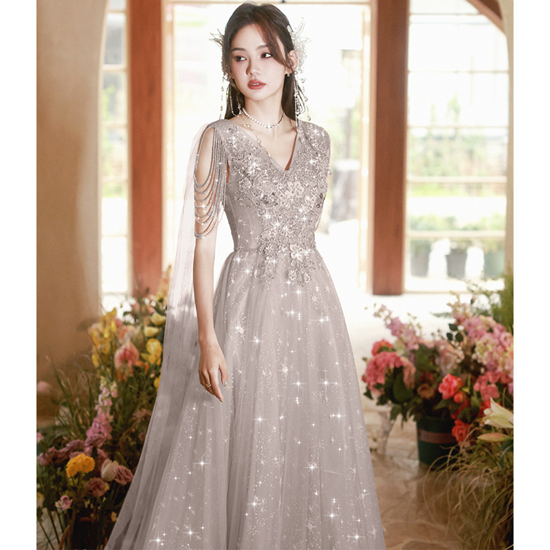 Vestido de noche para banquete, nuevo estilo de verano 2026, con lazo gris, estilo transfronterizo, vestido de actuación para exámenes de arte y actuaciones de coro. image 7