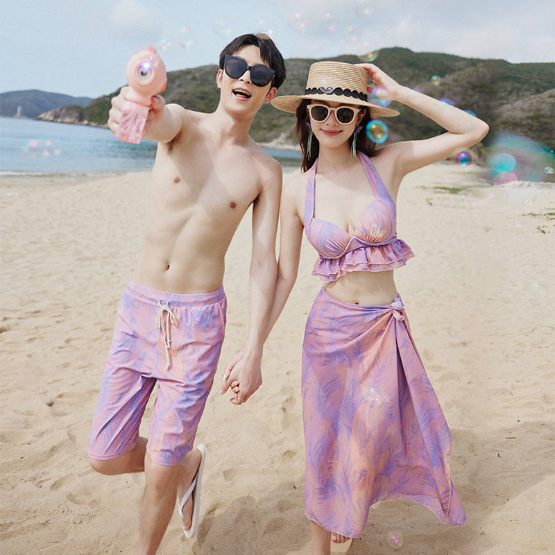 커플 수영복 여성용 스커트 비키니 3 피스 세트 작은 가슴 모임 스틸 브래킷 비치 커플 세트 남성용 온천 수영복