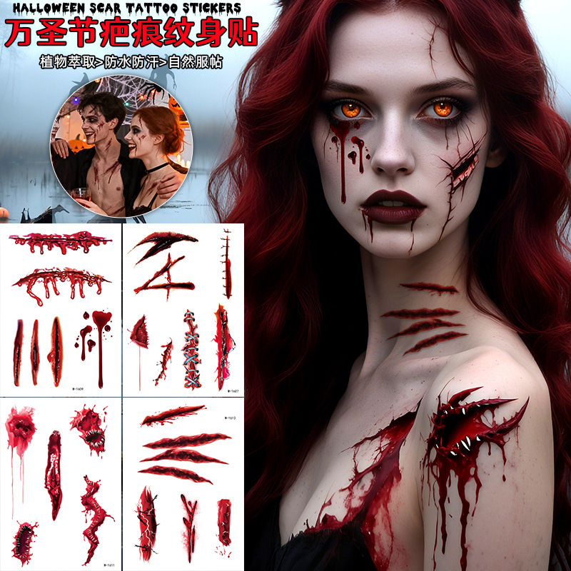 Cross-Border Halloween Horror Scar Tattoo Stickers Waterproof Bloody Wound Scar Makeup Party Temporary Face Stickers