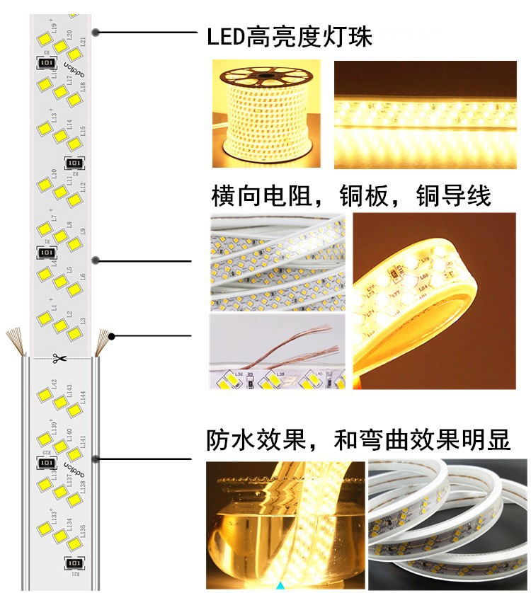 LED灯带防水220V七彩双排三排2835户外 三色5730工地家用工程灯条详情9