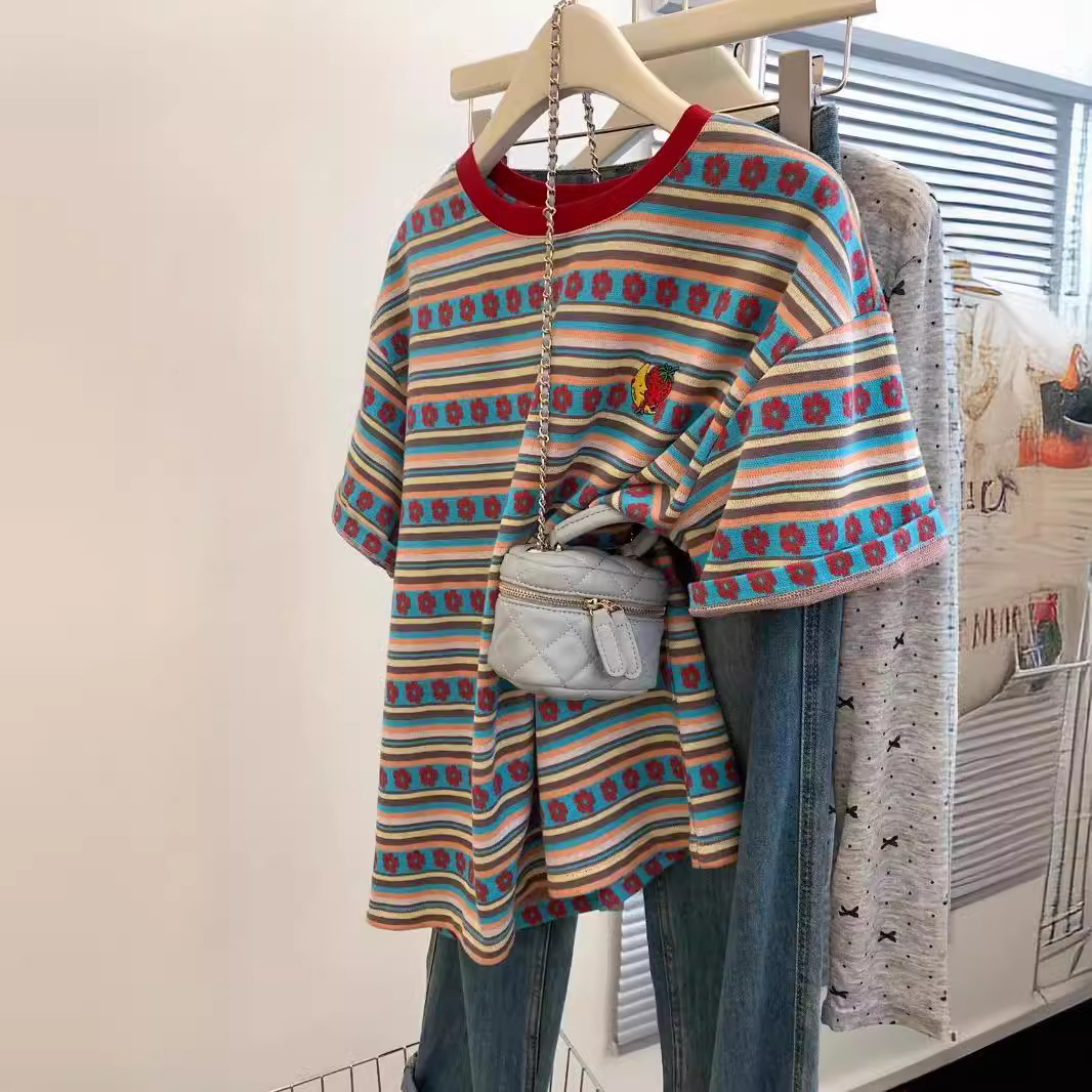 New design, dopamine-infused, colorful, summer-ready striped 2026 embroidered short-sleeved/half-sleeved T-shirt for women.