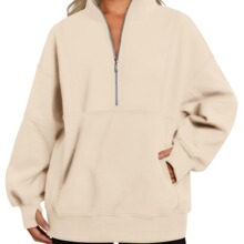 2023秋冬亚马逊欧美女装口袋半拉链款宽松休闲拼接立领加绒卫衣