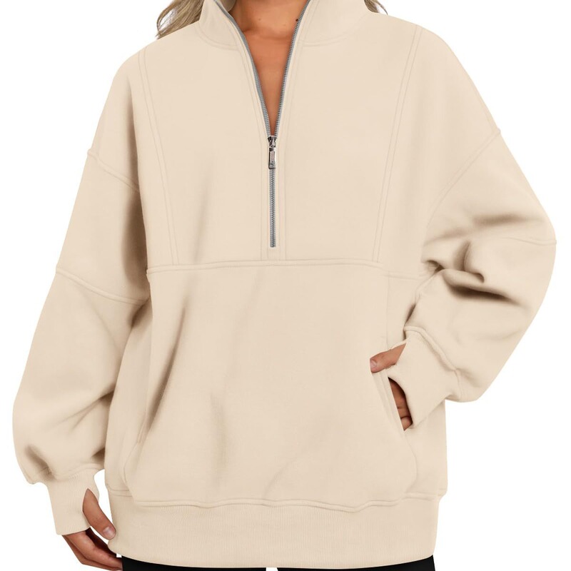 2023 autumn and winter Amazon European and American women's clothing pocket half zipper loose casual stitching stand collar fleece-lined sweater