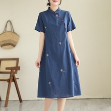 实拍设计感清仓剪标女装外贸出口原单仿棉麻刺绣花旗袍连衣裙女裙