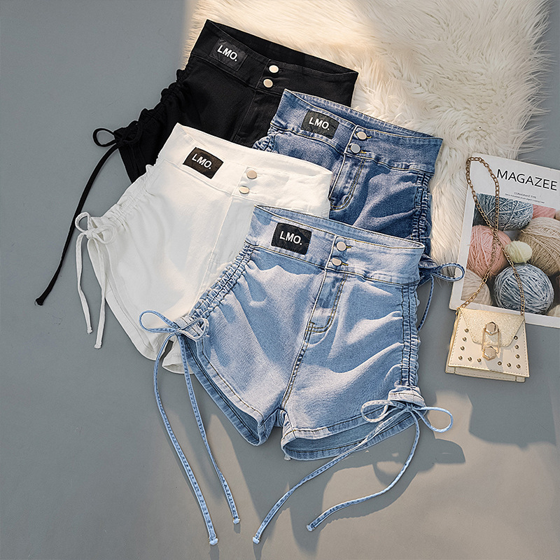 Lace-up drawstring Denim shorts women's summer high waist slimming sheath tight stretch women's group Hot girl ultra short hot pants fashion