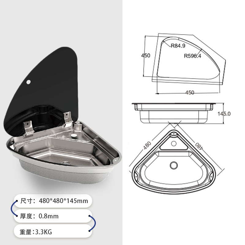 Guangrun RV Yate Kitchen Triángulo izquierdo y derecho con tapa Lavabo de acero inoxidable Lavabo GR-610RL