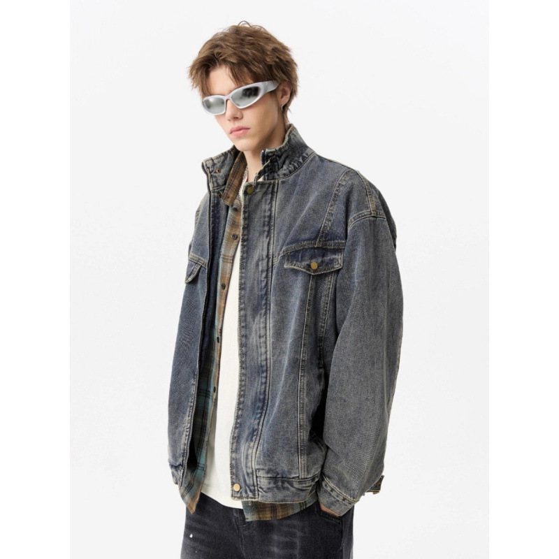 Washed Vintage Denim Jacket for Men, Autumn Motorcycle Stylish Loose Large Size Casual Stand Collar Jacket