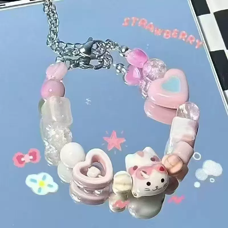 Beaded Cat Charm Bracelet, Cute Elastic Strap, Multicolor Beads, Adjustable Chain (1 pc)