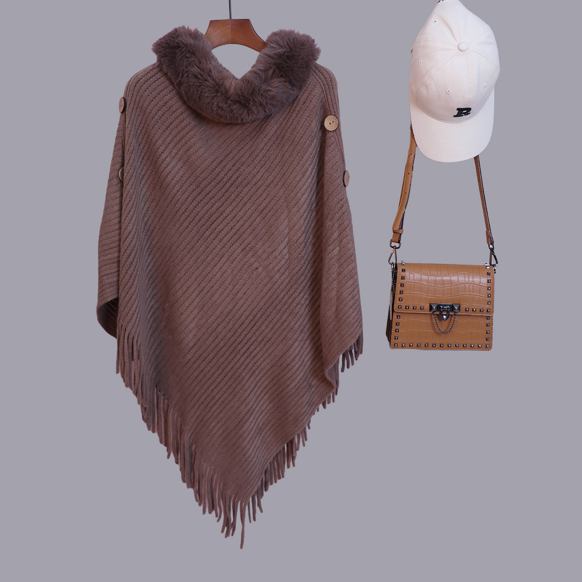 Capa de cuello de lana europea y americana transfronteriza diseño medio largo botón lateral chale de punto