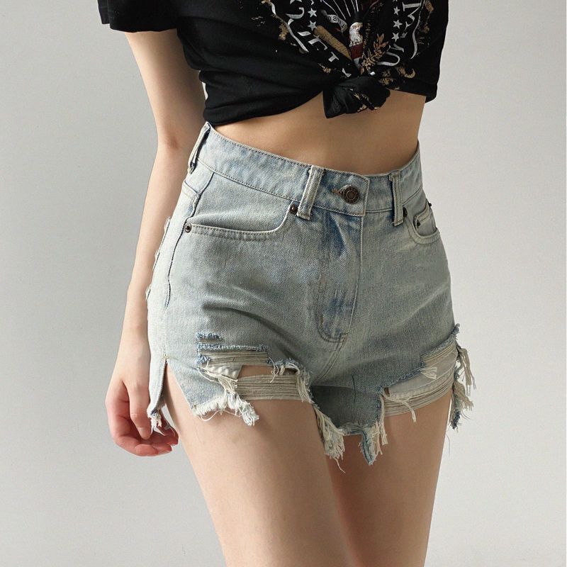 Spring and Summer Retro Asymmetrical Ripped Denim Shorts for Women, Thin Sexy High-Waisted Slimming Look A-Line Raw Edge Wide-Leg Hot Pants